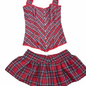 Red Plaid Corset & Pleated Micro Mini Skirt Y2K Set